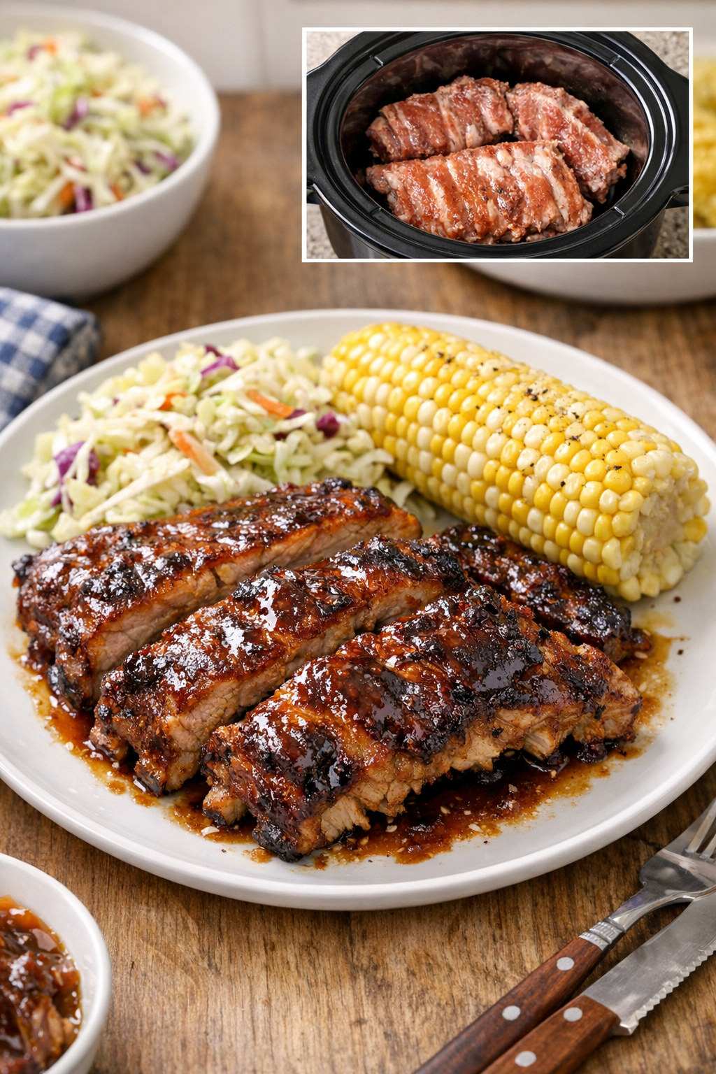Finished slow cooker baby back ribs plated with summer sides