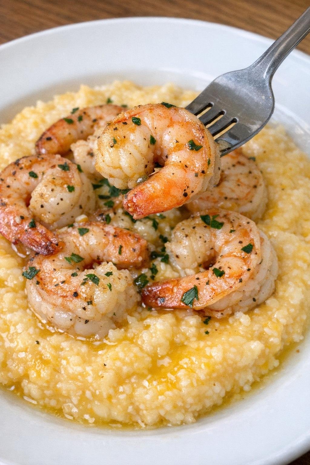 Shrimp over cheddar grits on a white plate