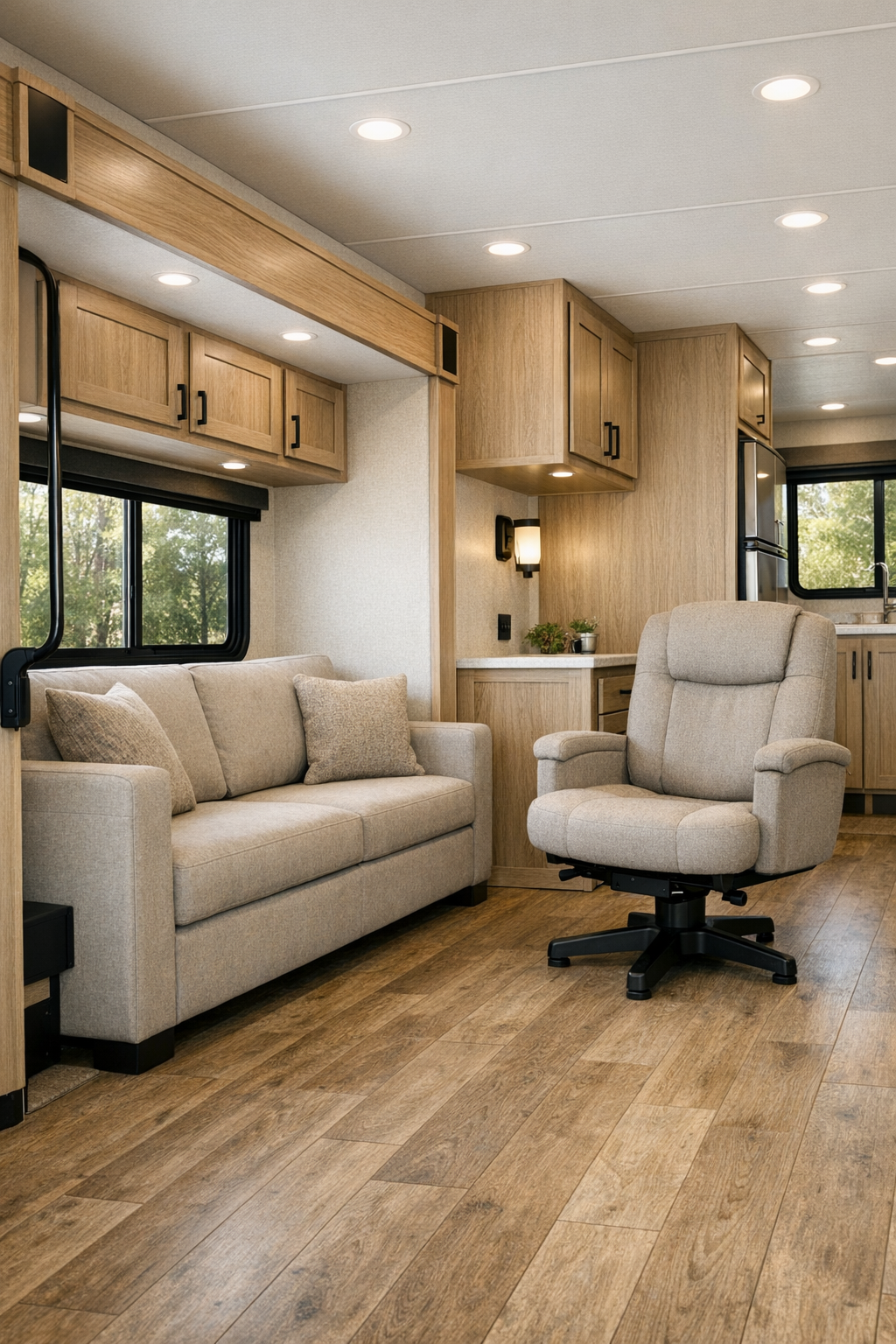 Accessible RV camper living room with warm greige seating and pale oak finishes