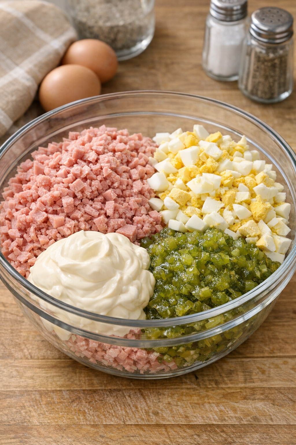 Bologna, eggs, relish, and mayonnaise in a mixing bowl