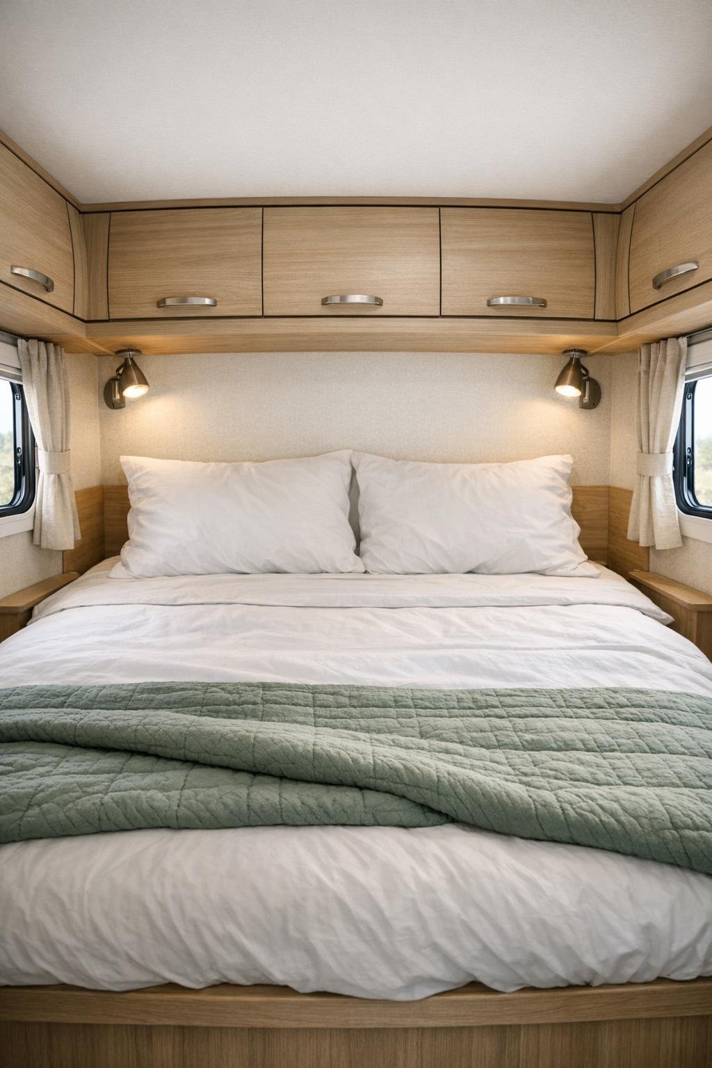 Soft RV camper bedroom with built-in bed platform, white bedding, and light wood storage