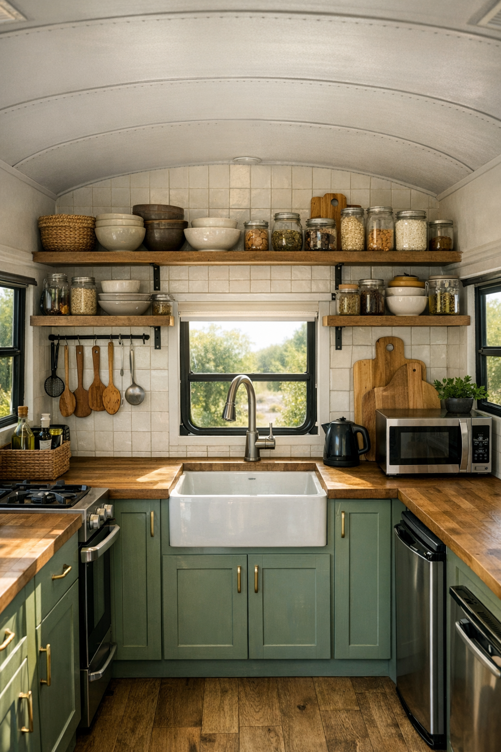 Warm bus kitchen with sage cabinets, butcher block counters, and open shelving