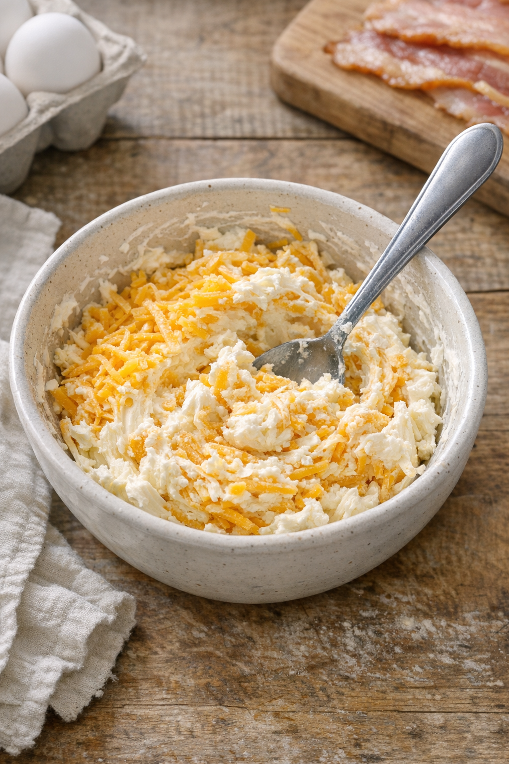 Cream cheese and cheddar mixed in a bowl