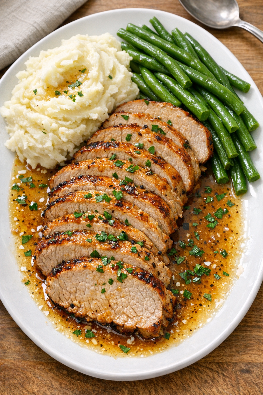 Finished sliced pork loin roast on a platter