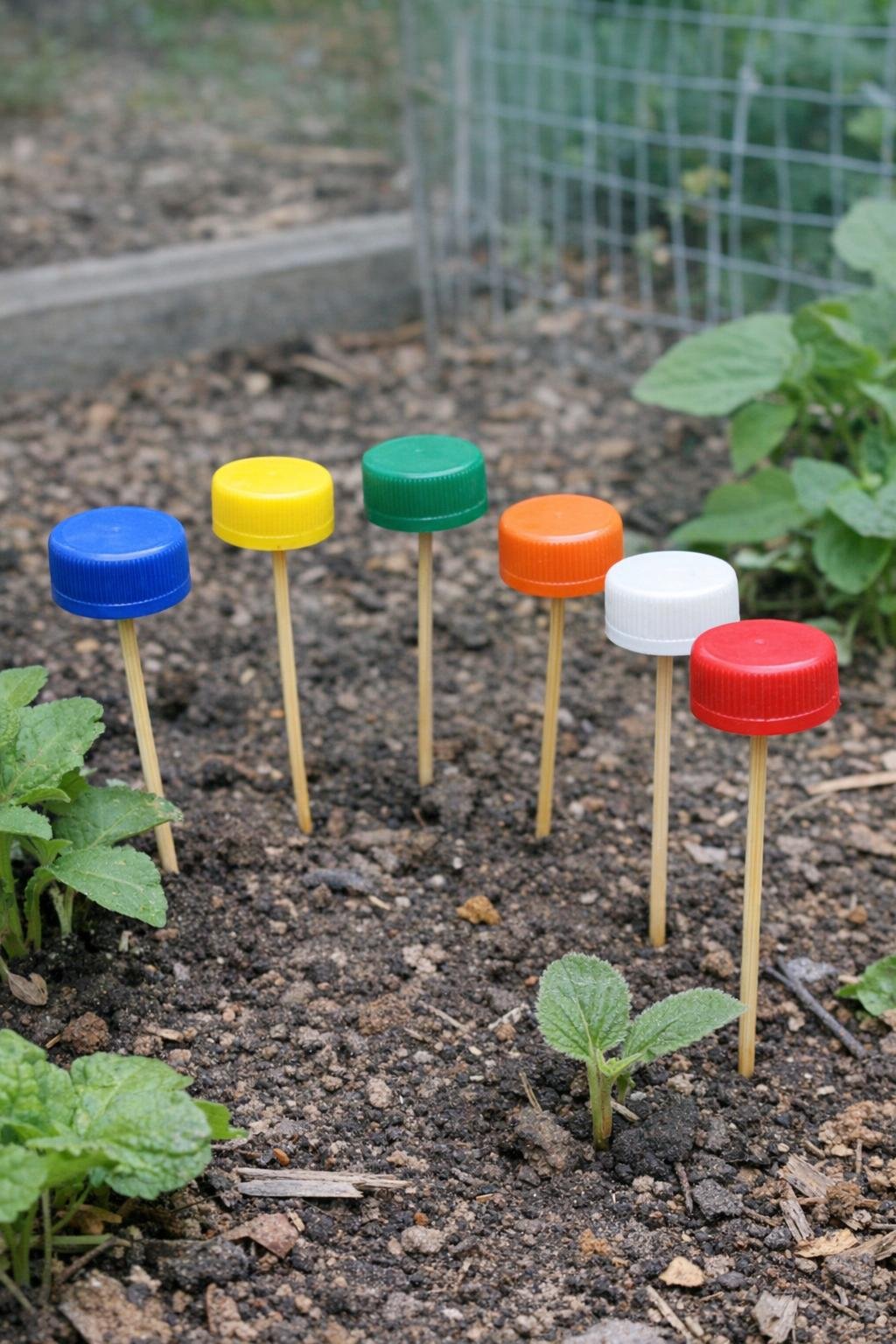 Bottle cap garden markers in soil