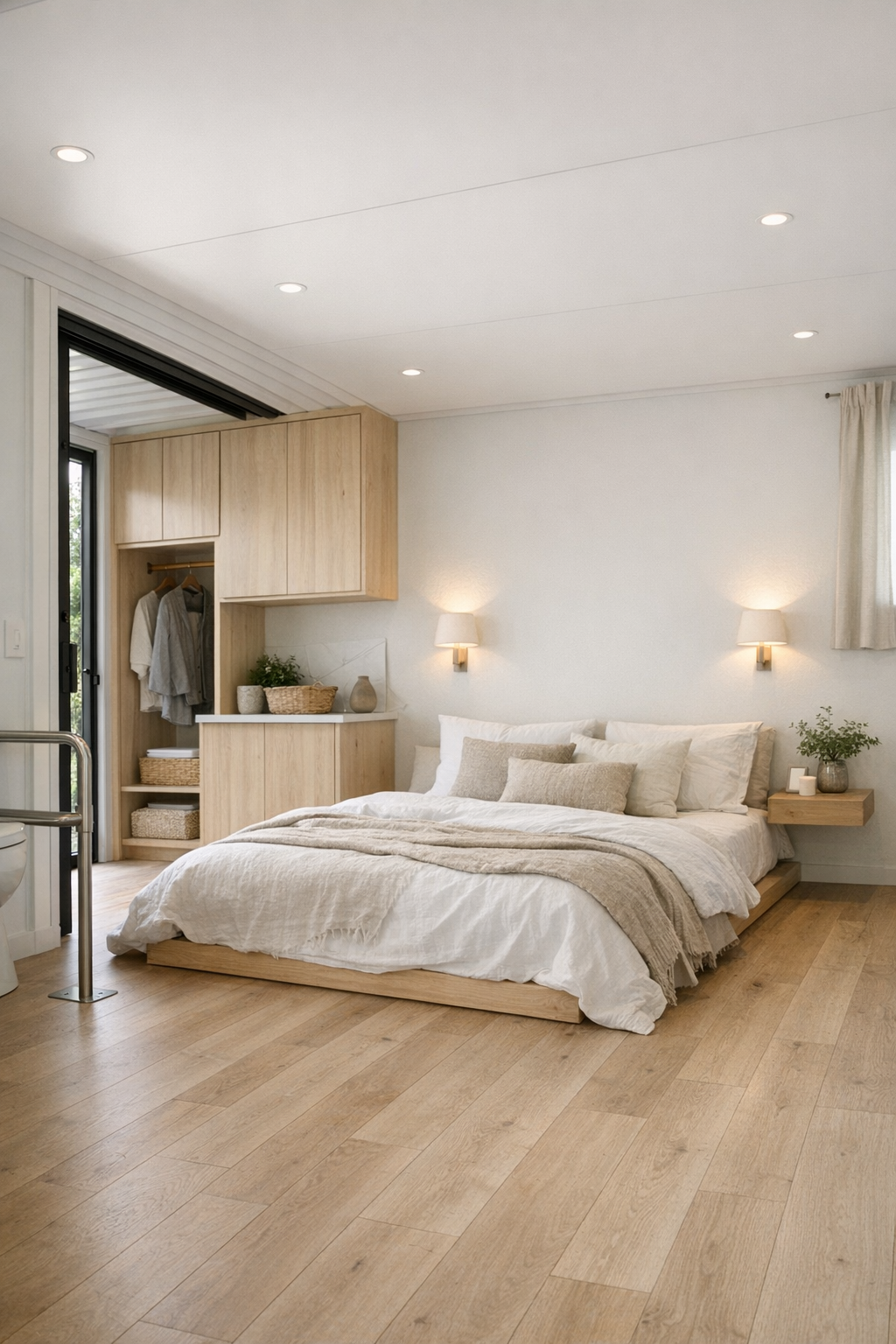 Serene minimalist bedroom with pale wood details and layered neutral bedding