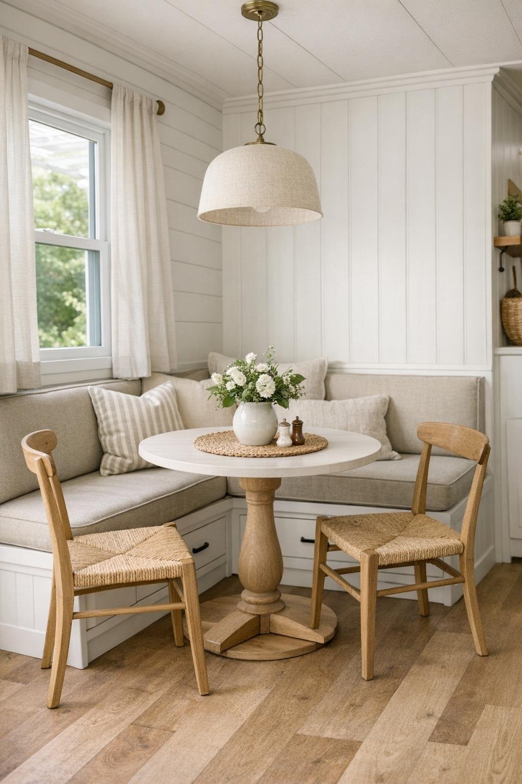 Small dining nook with a built-in banquette and round table in a cottage-style RV interior