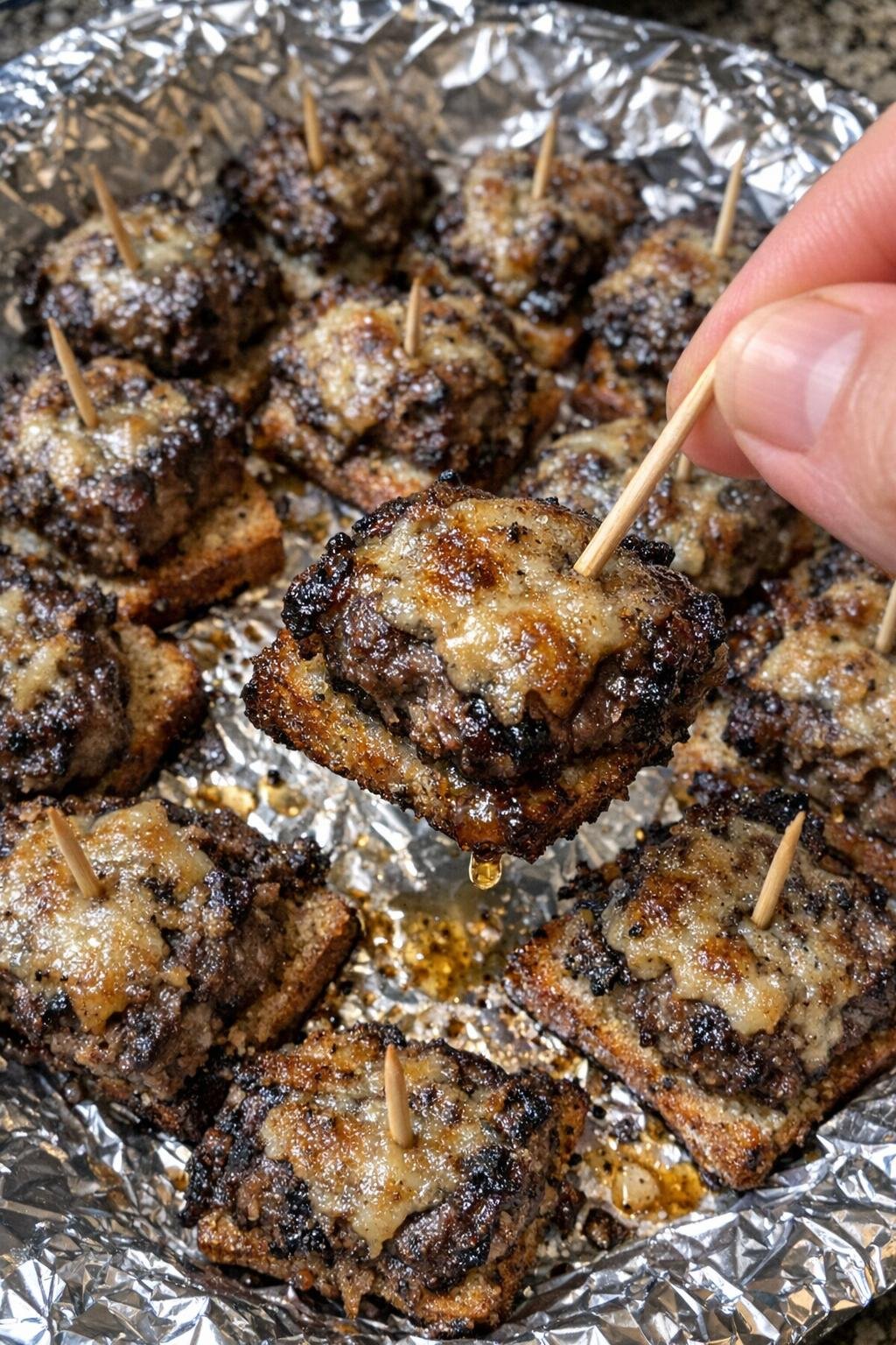 Close up of beef winston bites on a foil-lined platter