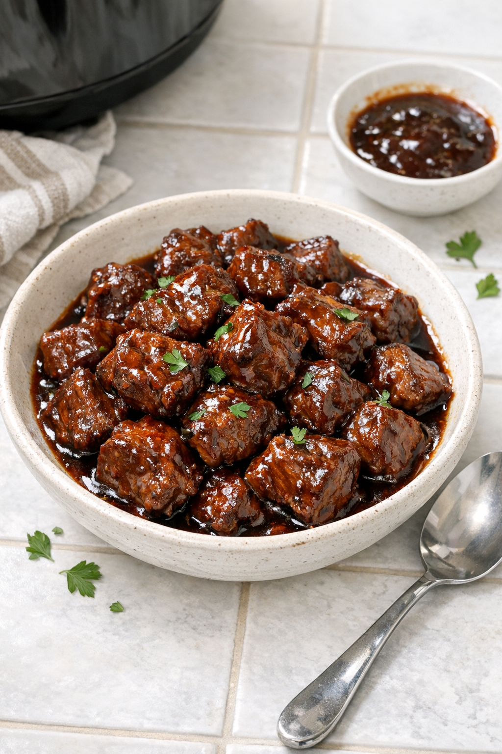Finished bourbon BBQ beef bites plated in a bowl with glossy sauce