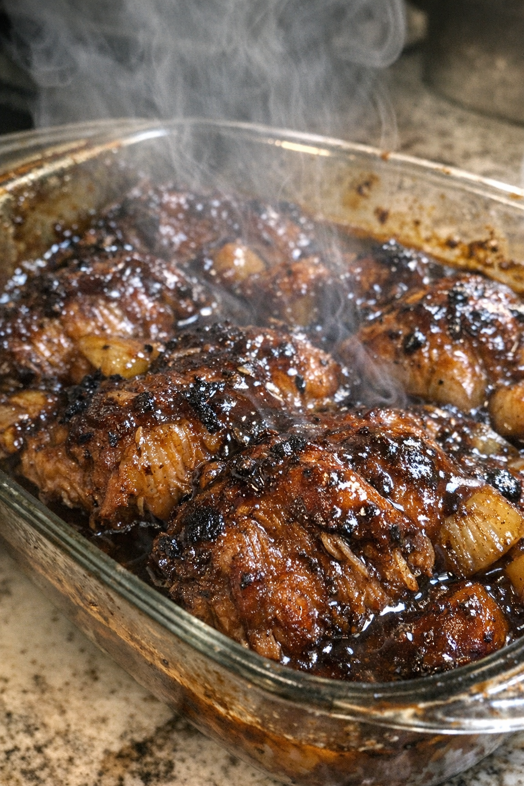 Heavily glazed roasted bake in a glass casserole dish