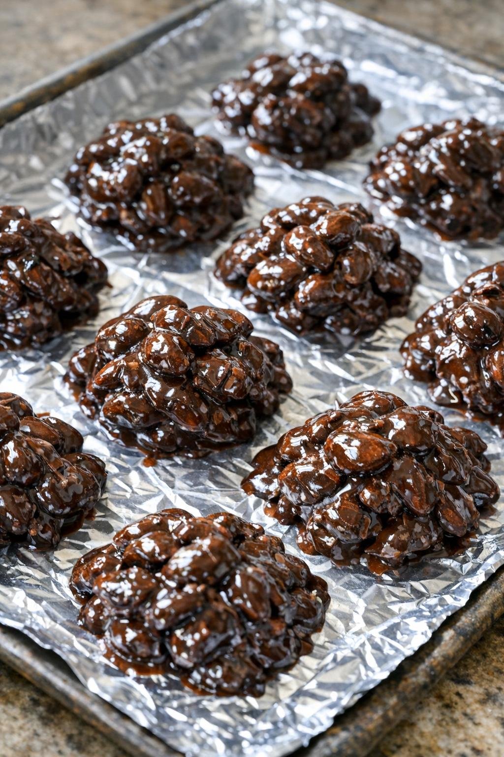 Chocolade-amandelclusters, geportioneerd op een met bakpapier beklede schaal.