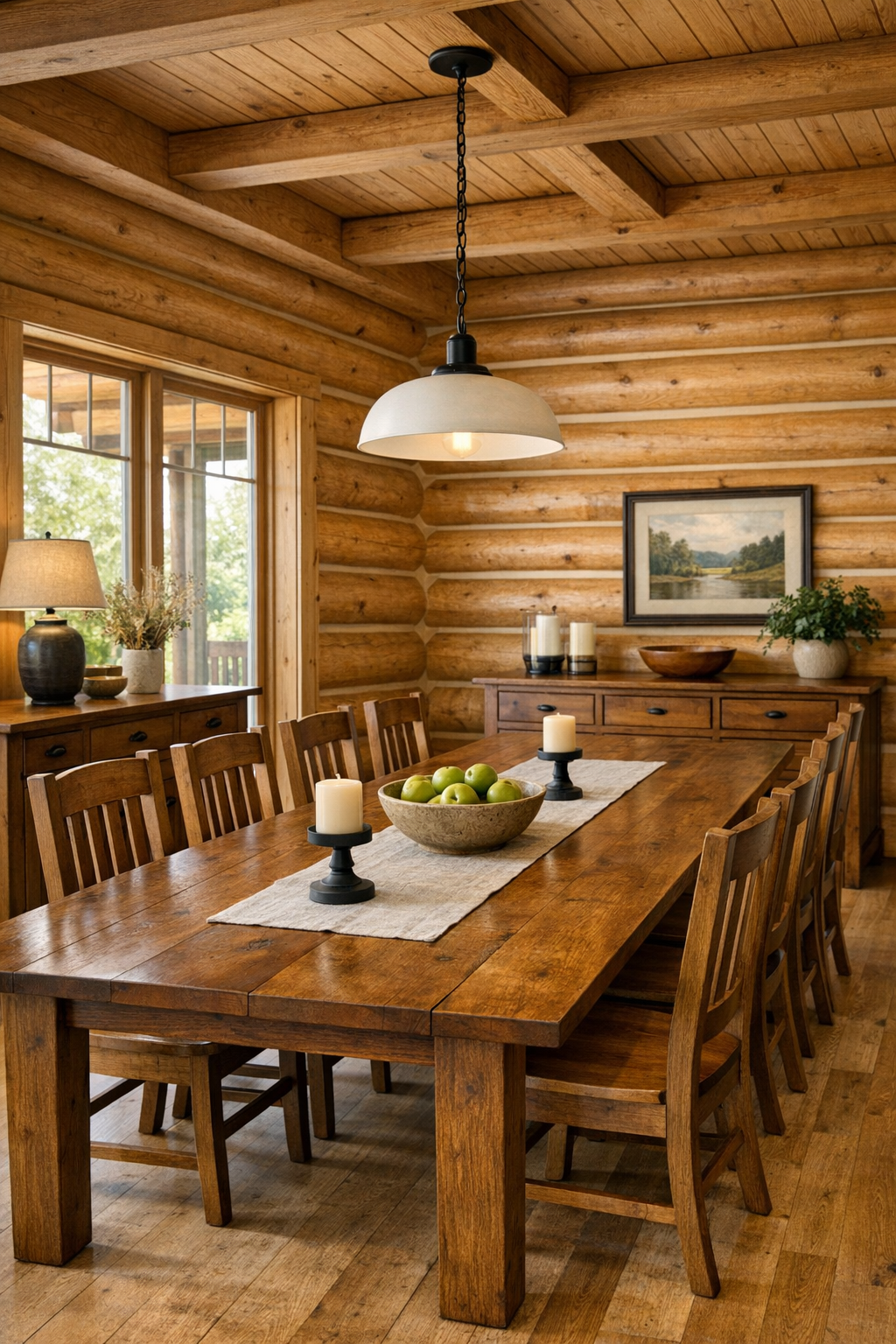 Dining room with Amish-crafted wood table, simple pendant lighting, and warm log walls