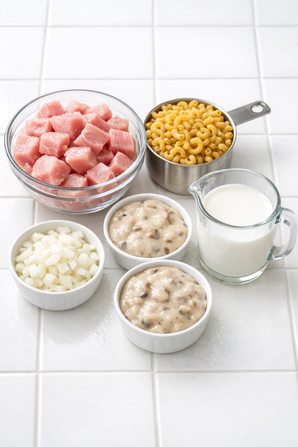 Measured ingredients for pork loin macaroni casserole