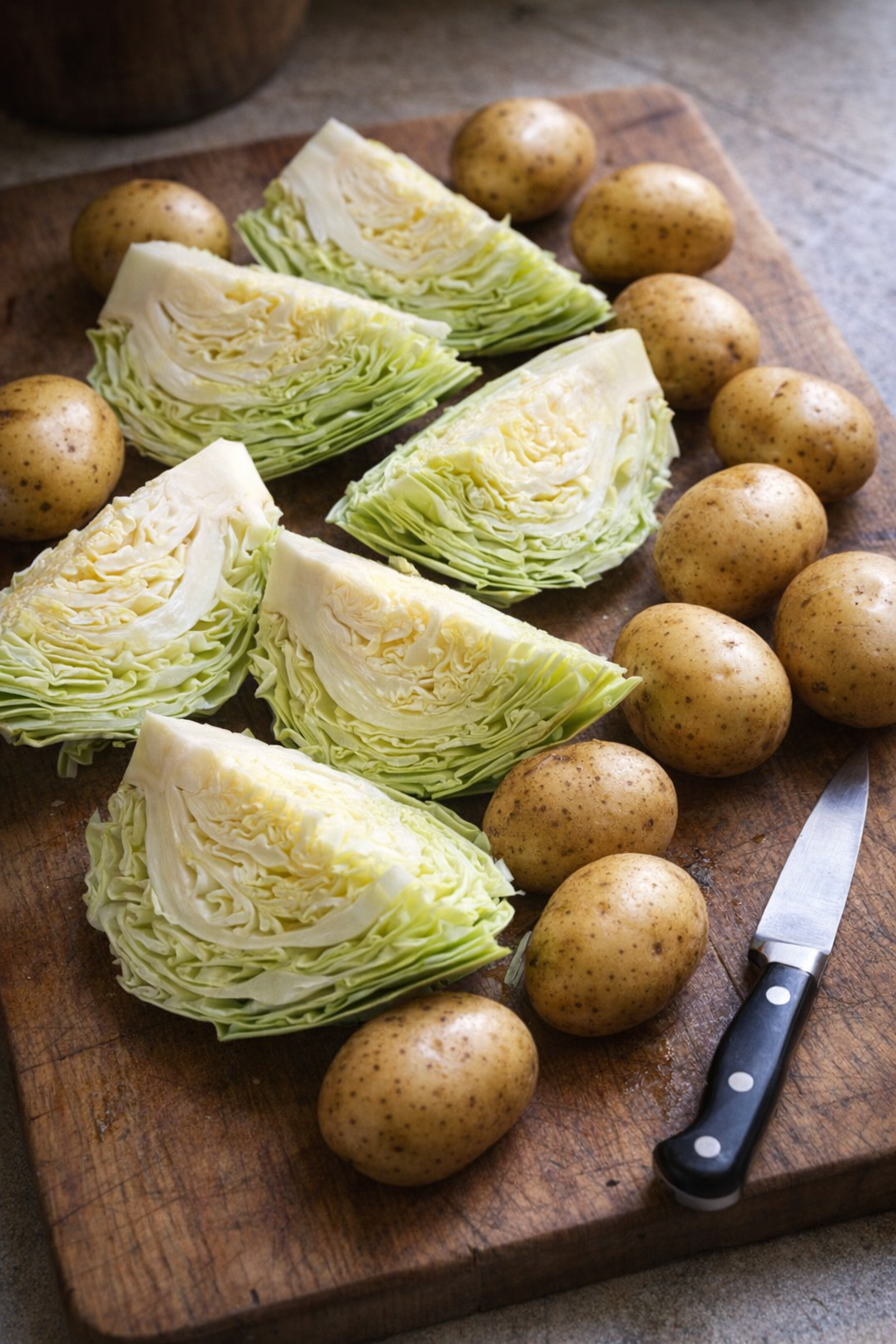 Cut cabbage wedges and scrubbed potatoes on a wooden board