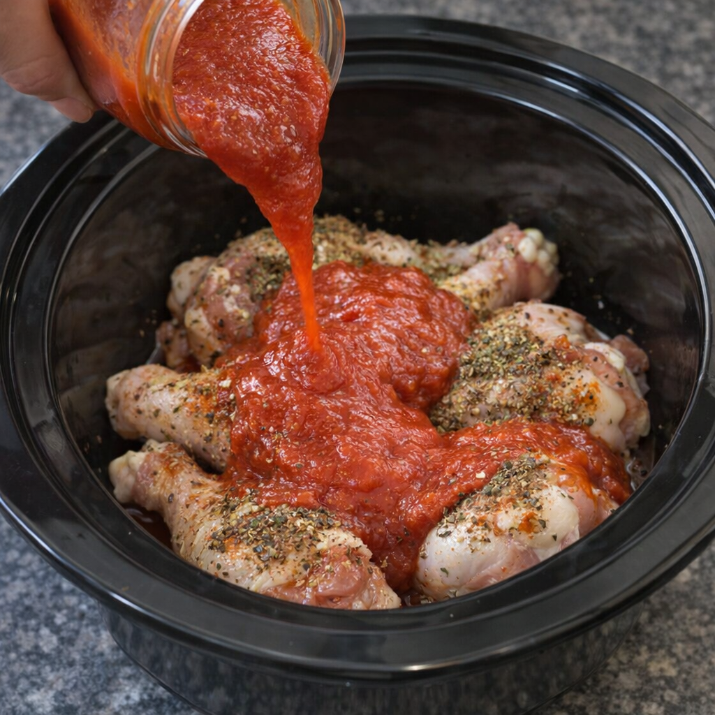 Marinara sauce poured over seasoned chicken in the slow cooker