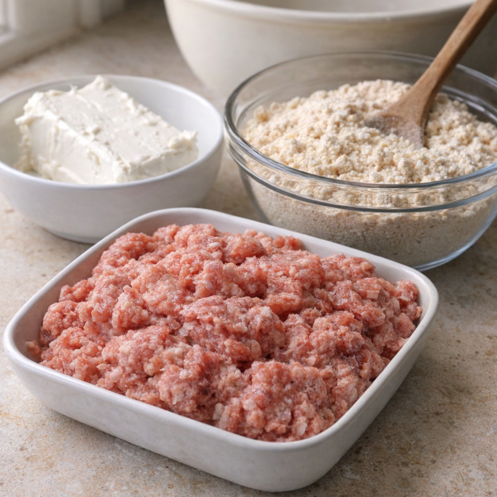 Measured sausage ball ingredients on a kitchen counter