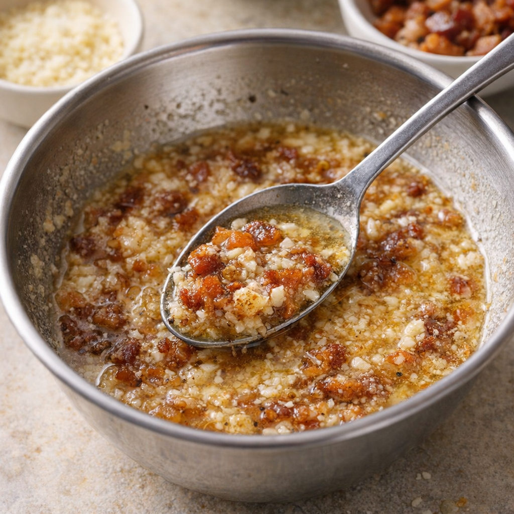 Butter bacon parmesan mixture in a mixing bowl