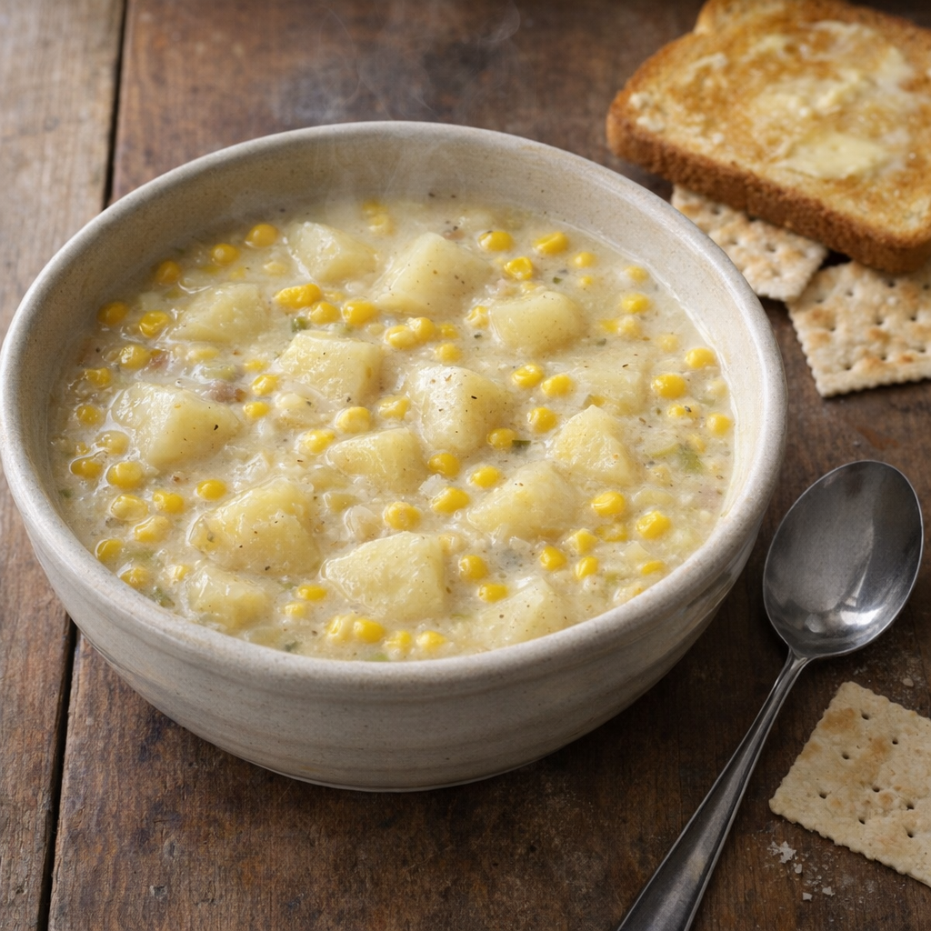 Bowl of rustic potato corn chowder on a farmhouse table