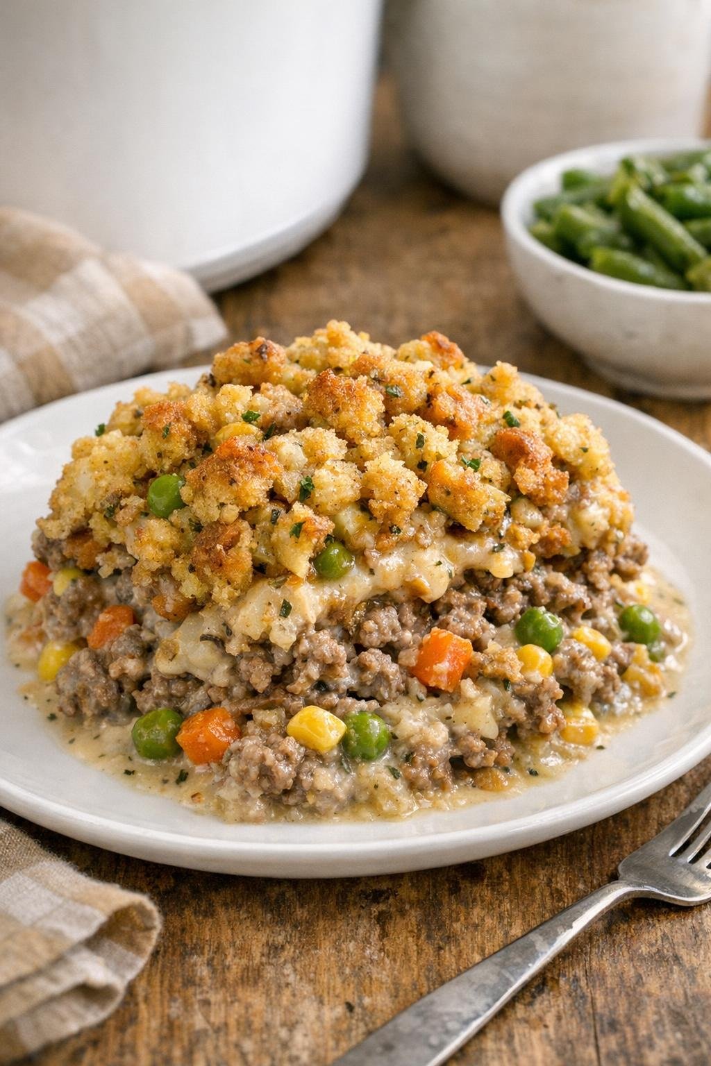 Finished ground beef and stuffing casserole plated on a dinner plate