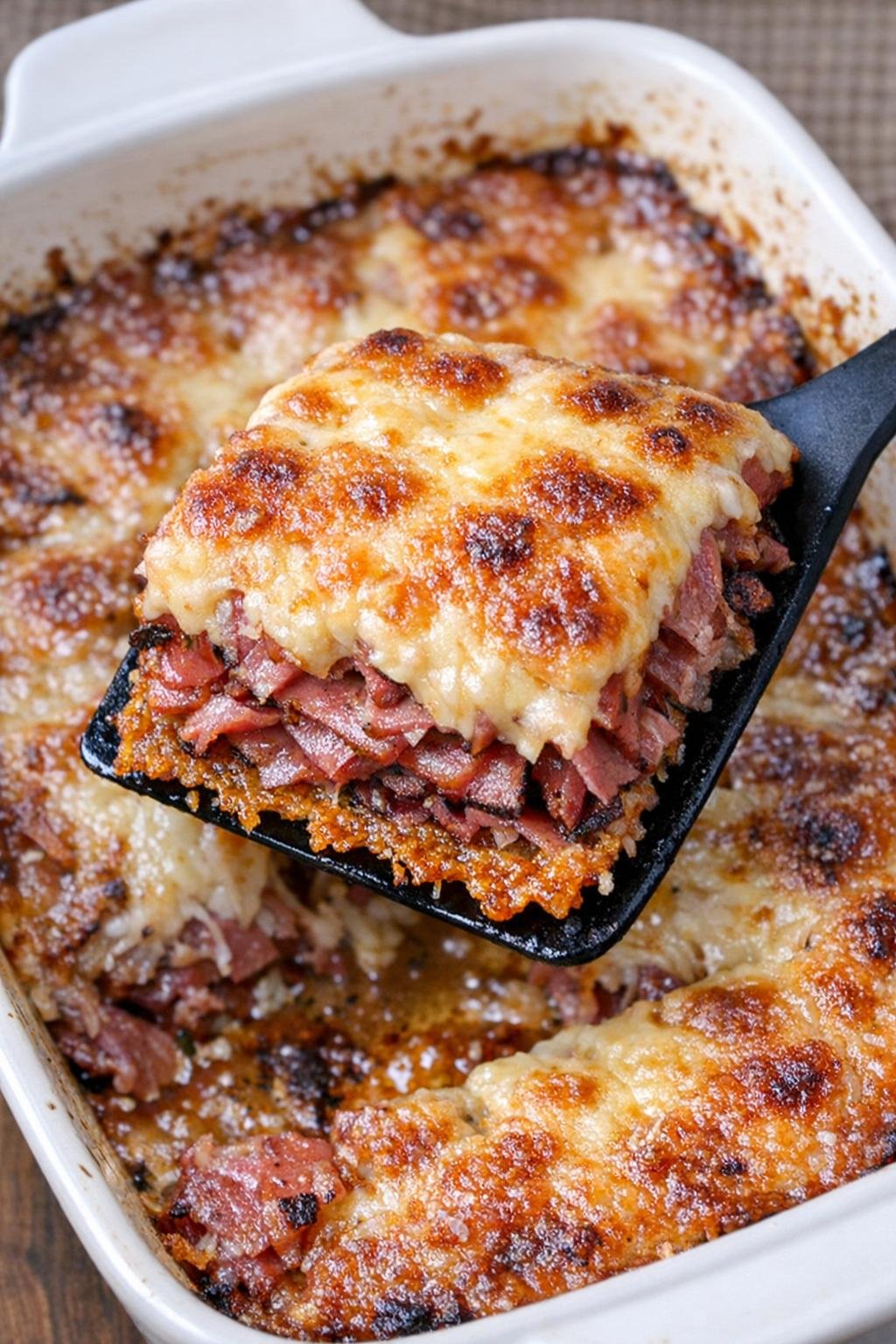 Bubbling pastrami bake with a lifted square