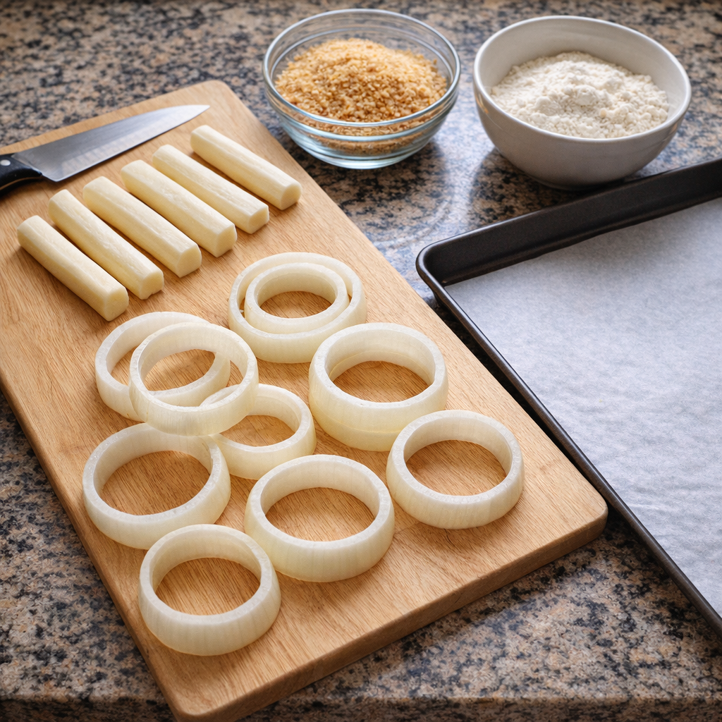 Onion rings and mozzarella set up for assembly on a kitchen counter