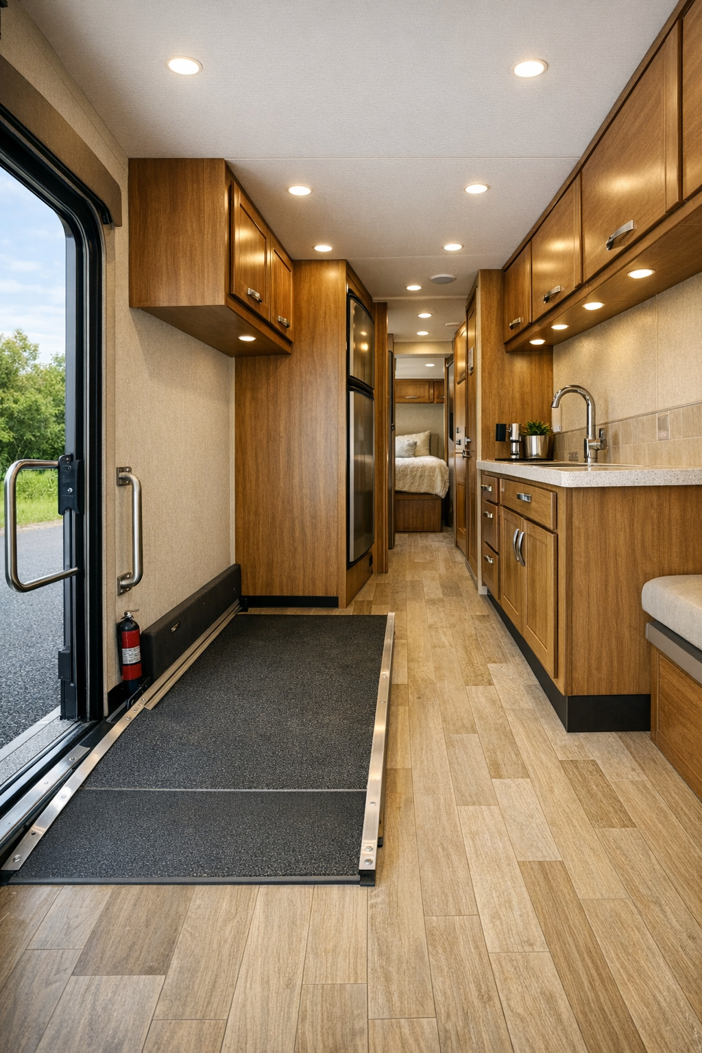 Accessible RV entry and hallway with integrated storage and warm modern finishes
