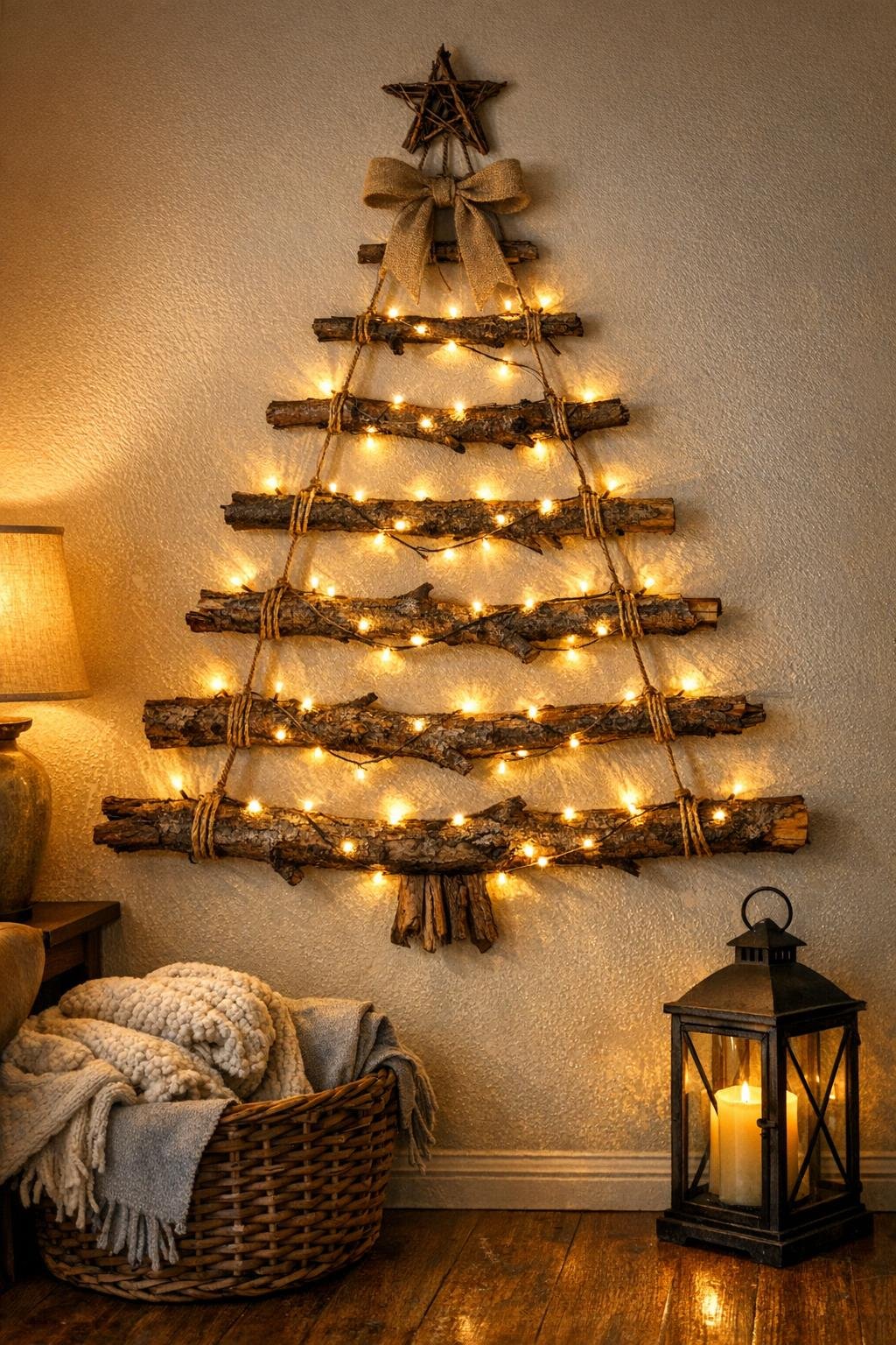 Finished hanging stick wall tree displayed on a cozy wall