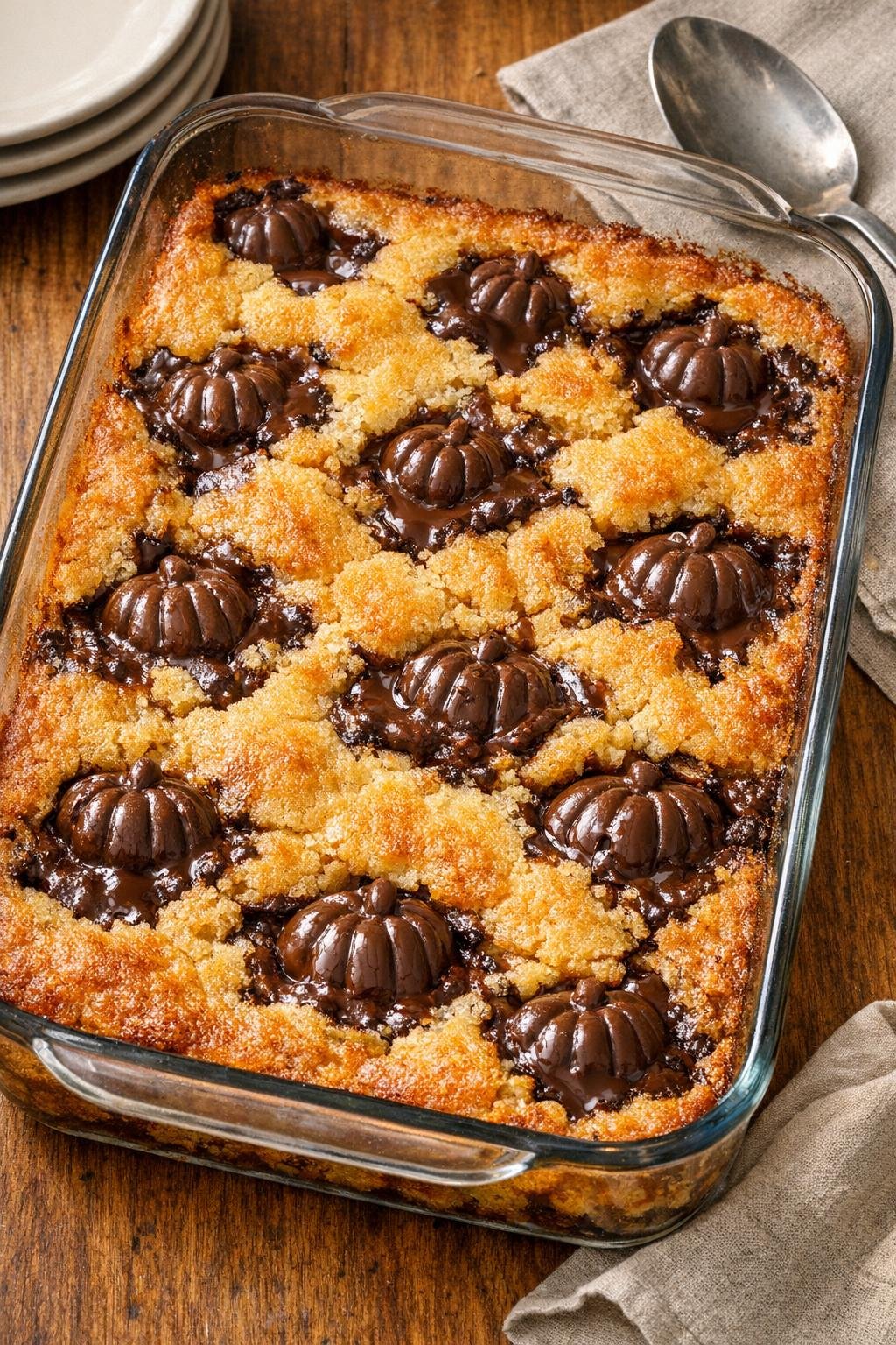 Baked chocolate pumpkin dessert in a glass baking dish