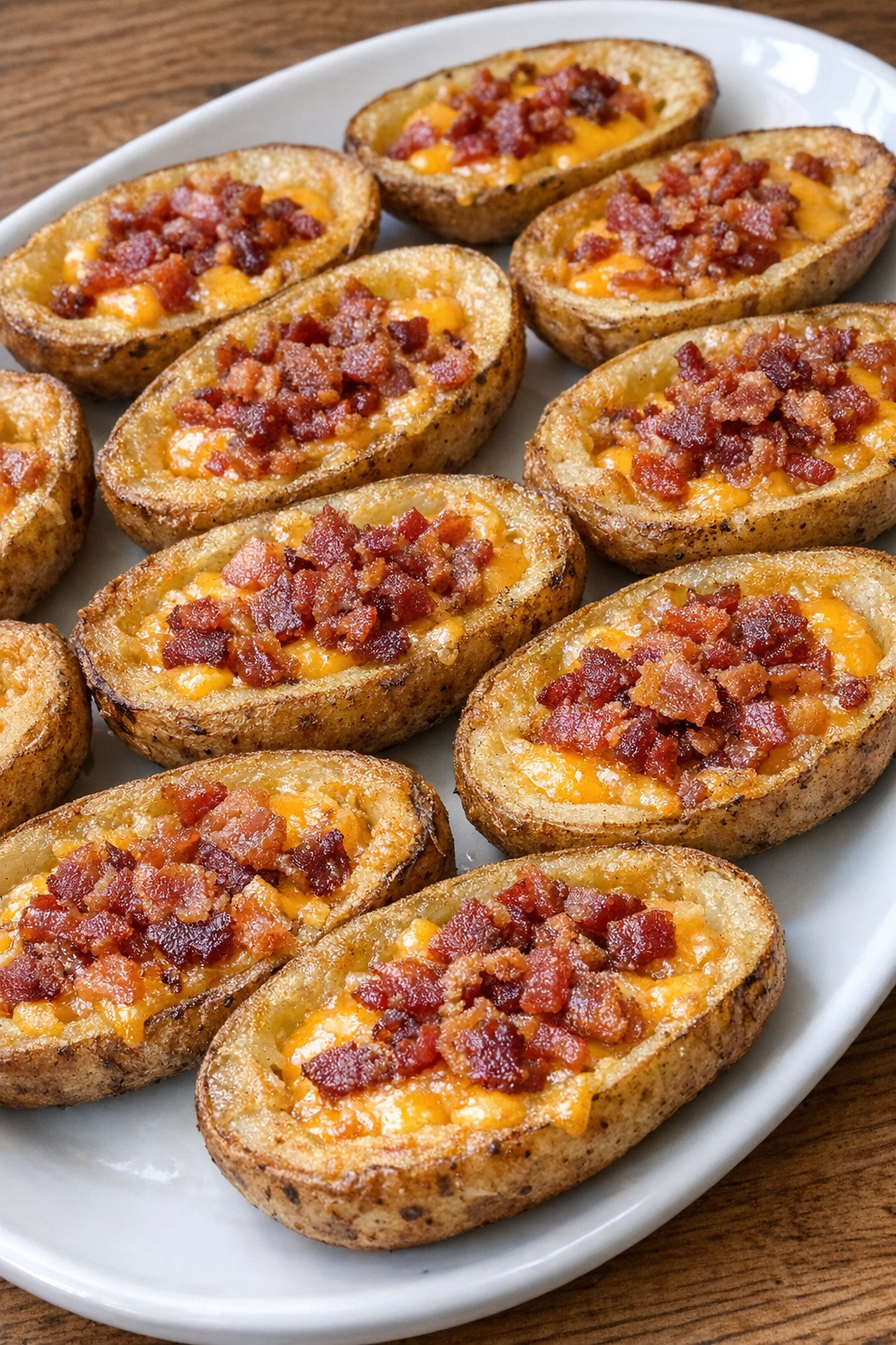 Golden crispy potato skins with cheddar and bacon on a white oval platter