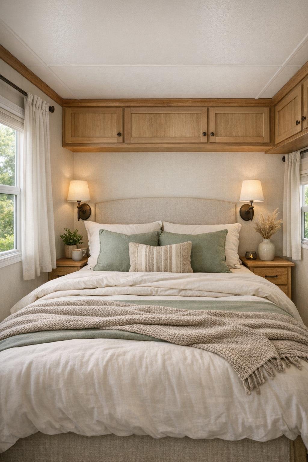 Serene small bedroom with layered neutral bedding, wood accents, and soft lighting