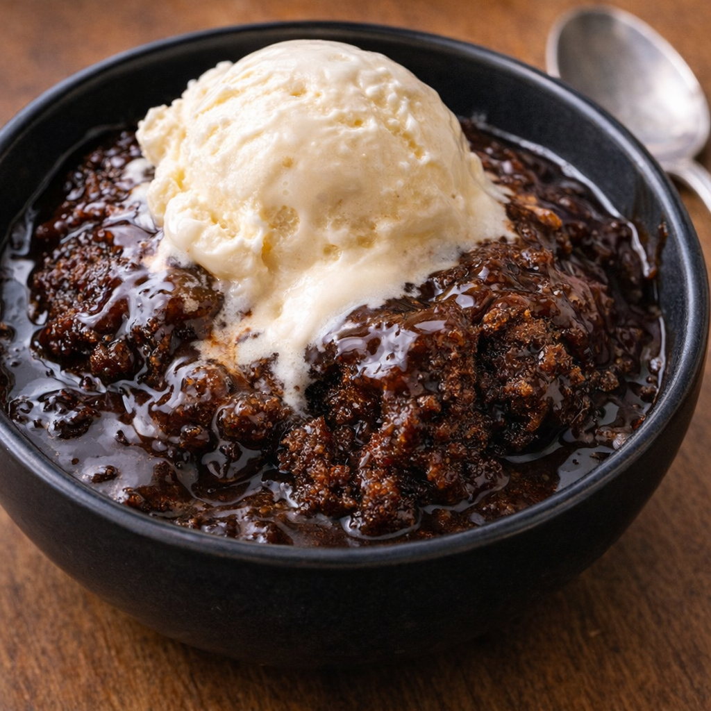 Warm pudding cake scooped into a bowl with melting ice cream