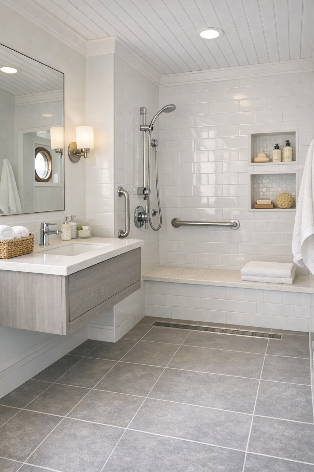 Light coastal bathroom with walk-in shower and floating vanity