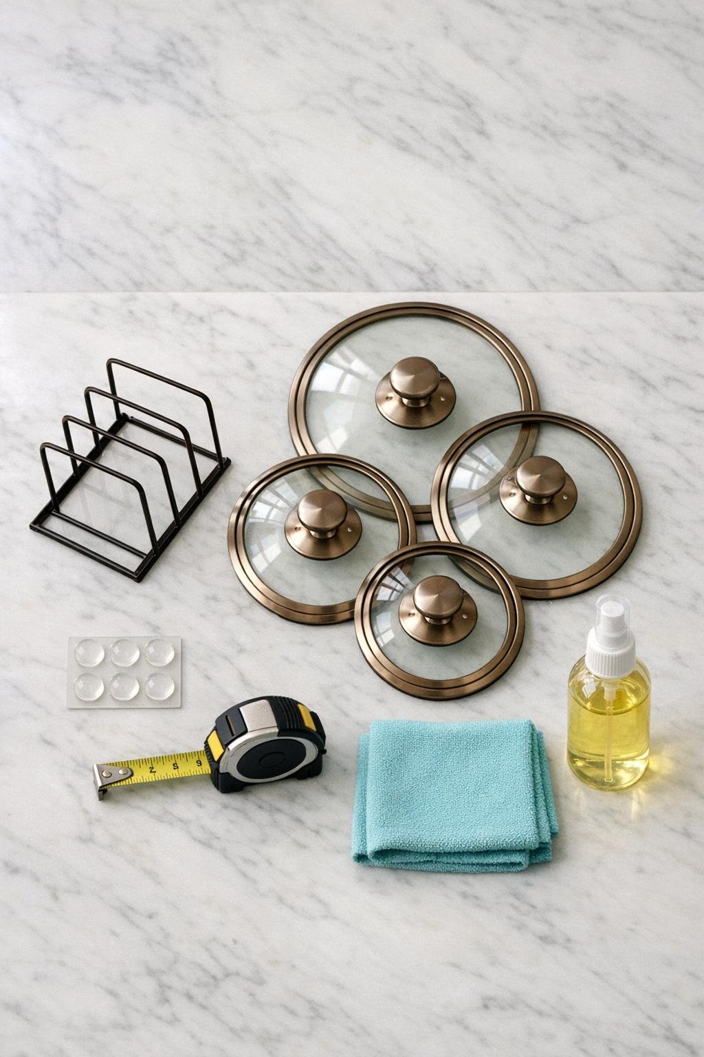 Materials for a wire file holder pot lid organizer laid out on a counter