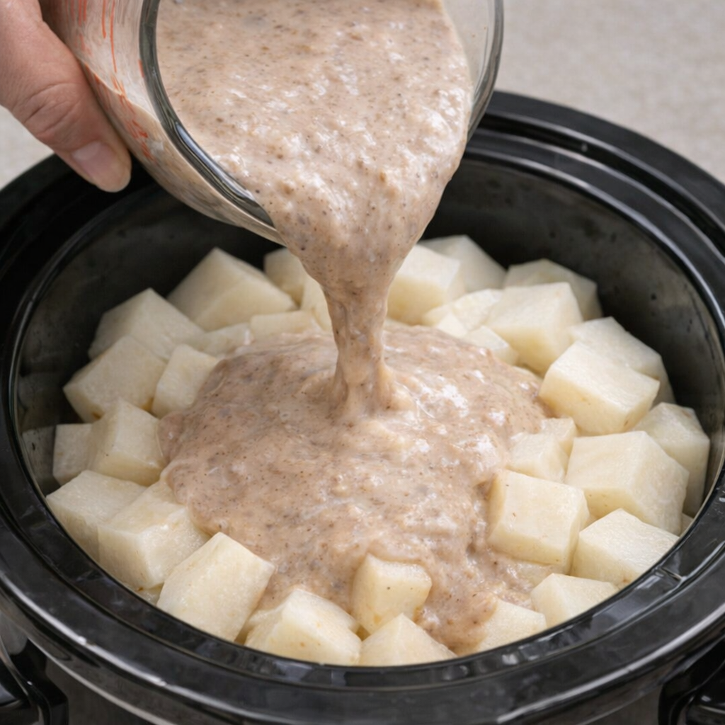 Creamy beef gravy mixture being poured over potatoes