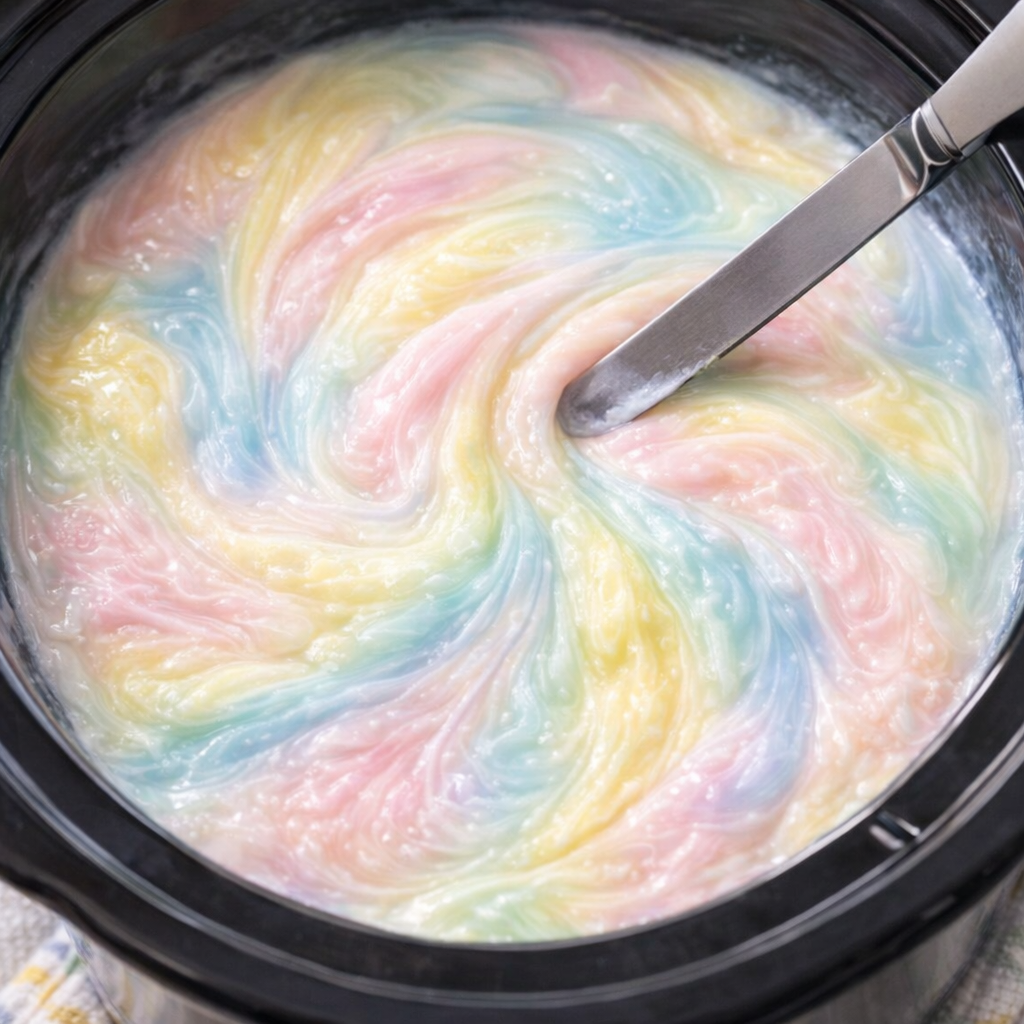 Pastel swirls being created on the dessert surface in the slow cooker