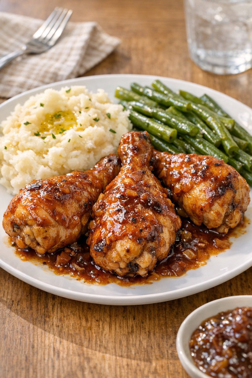 Finished slow cooker chicken drumsticks plated for dinner