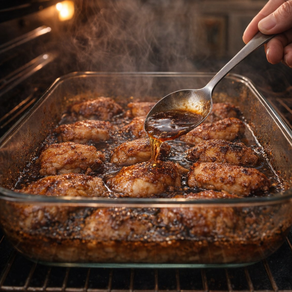 Chicken being basted in the oven after the foil is removed