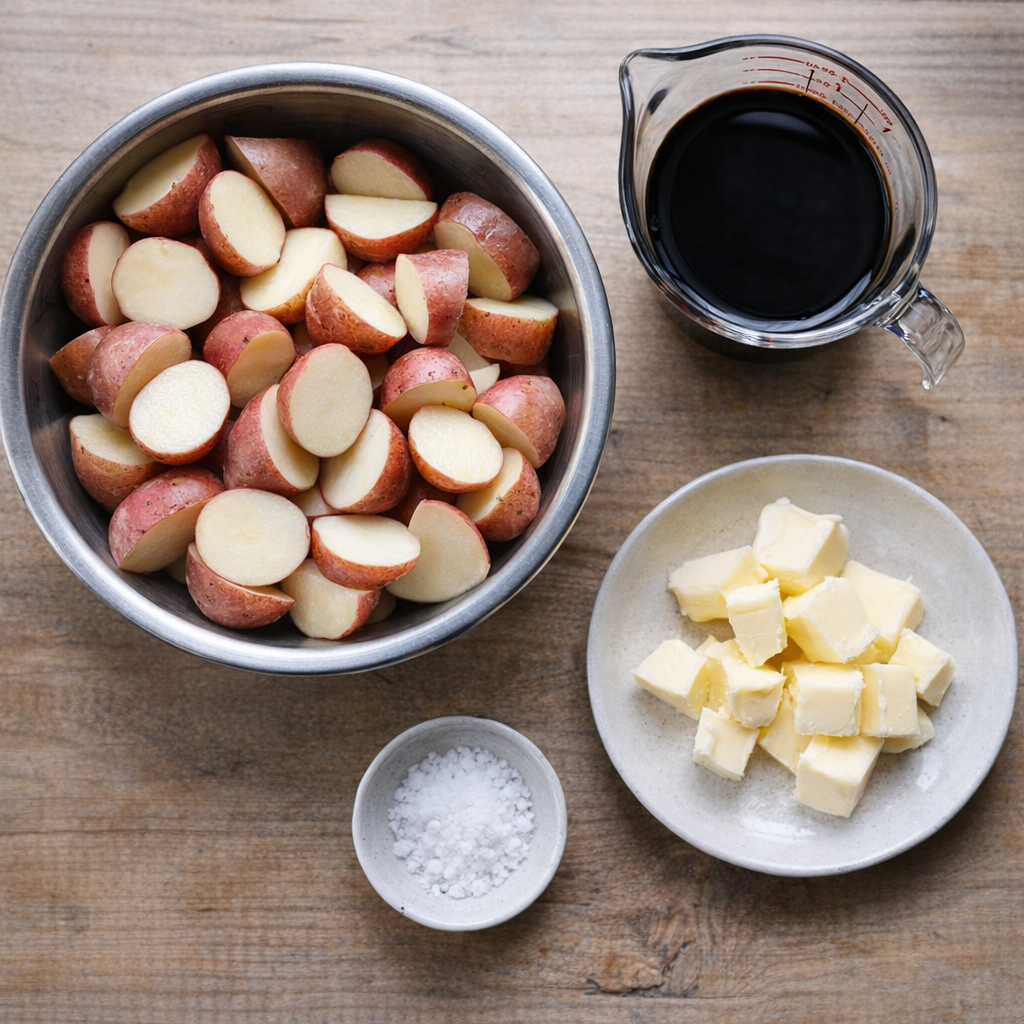 Ingredients for balsamic baby potatoes arranged on a kitchen counter