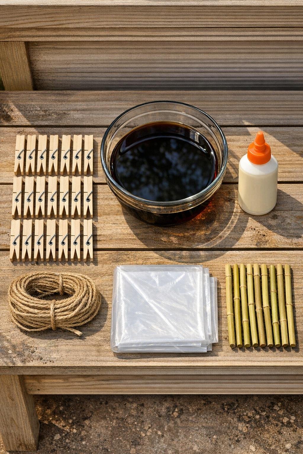 Materials for a wooden clothespin tarp clamp project laid out on a potting bench