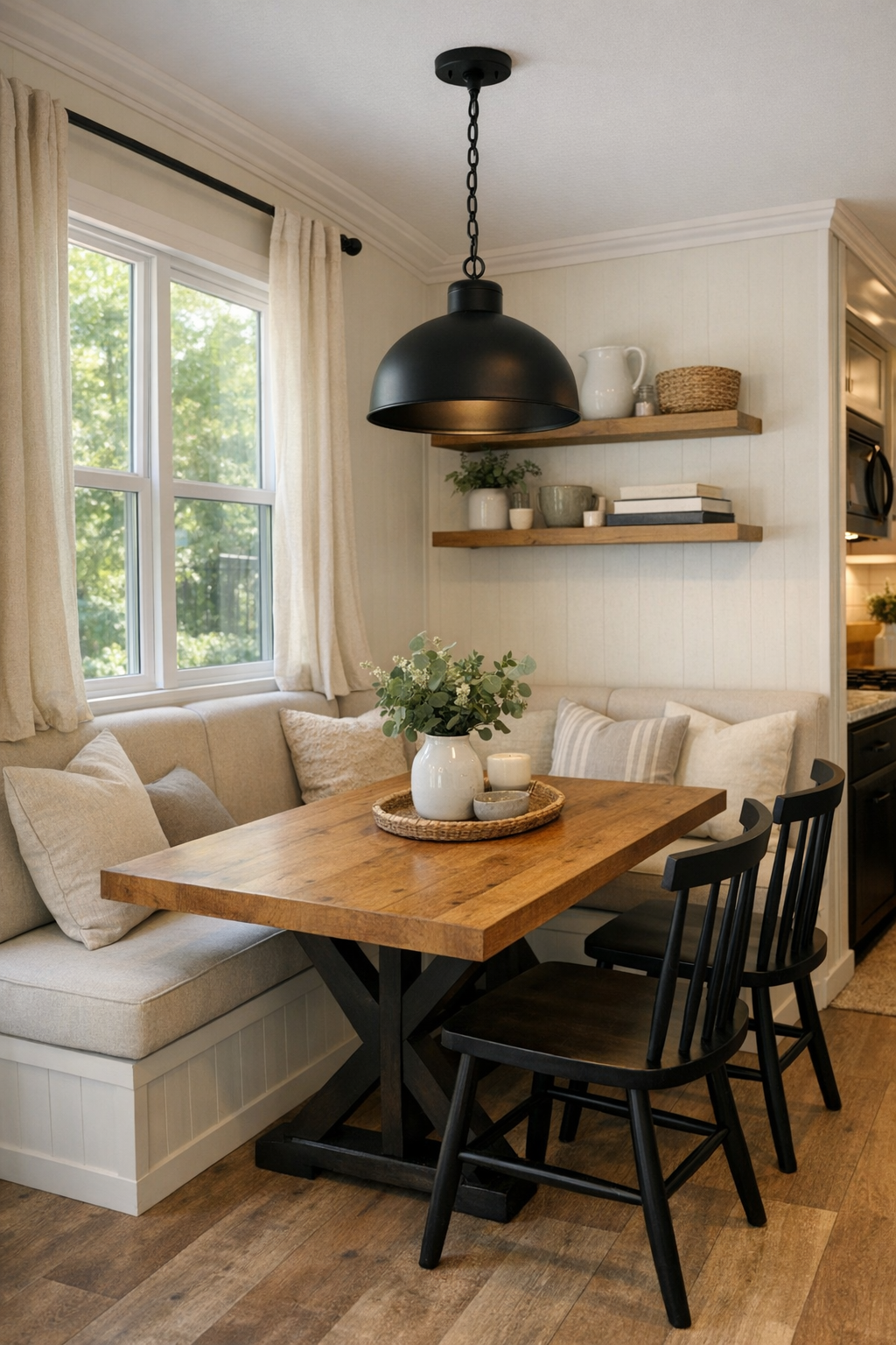 Cozy farmhouse dining nook with wood table, banquette seating, and black pendant light