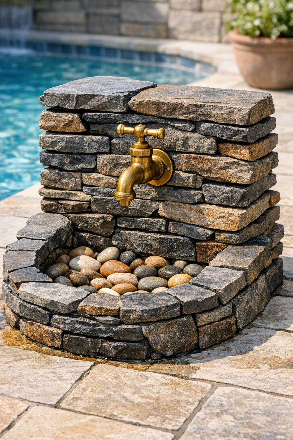 Completed outdoor foot wash station with brass faucet, stacked slate, and river rock basin
