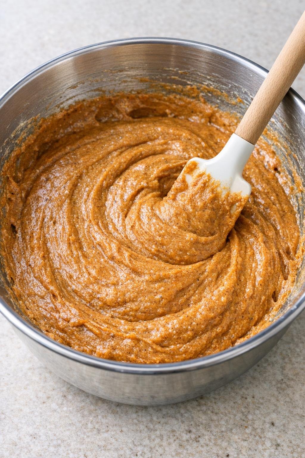 Dik beslag voor kruidencake, gemengd in een kom.