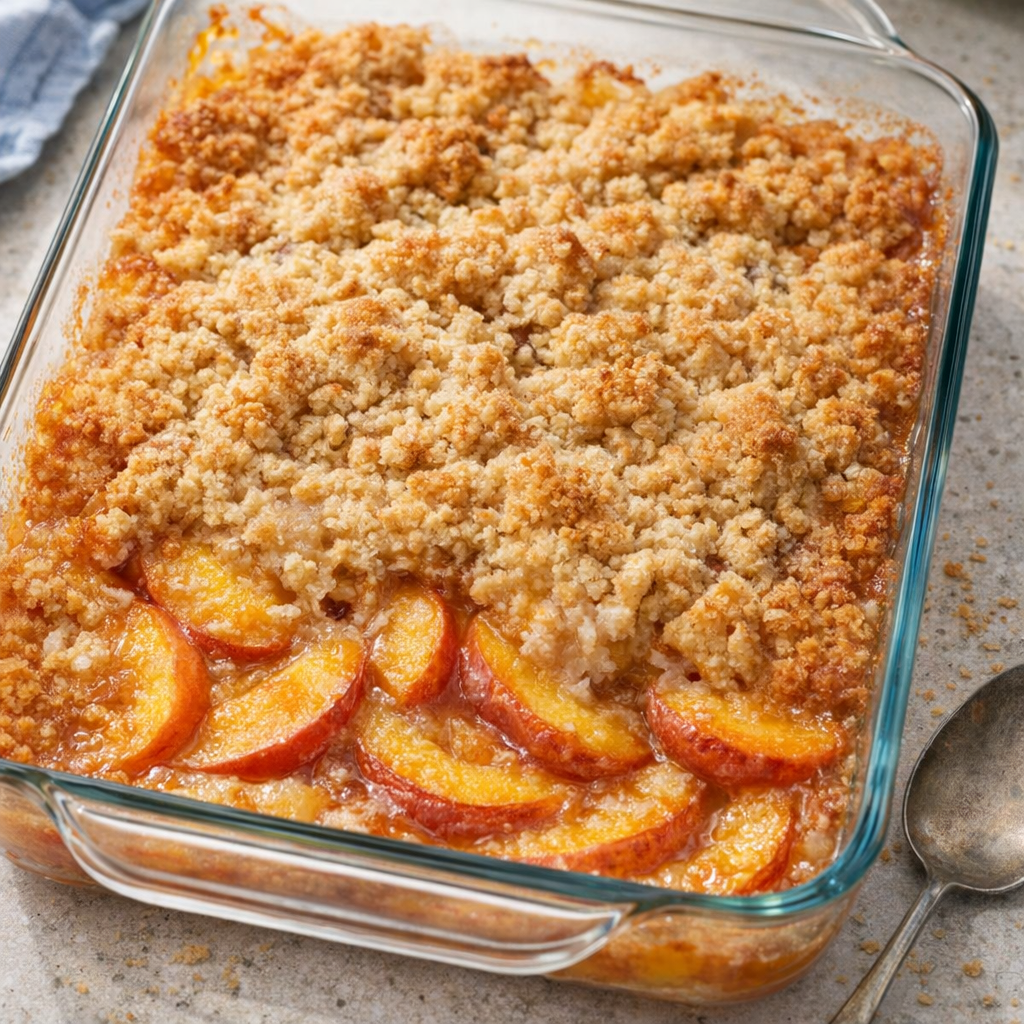 Warm baked peach dessert in a glass casserole dish