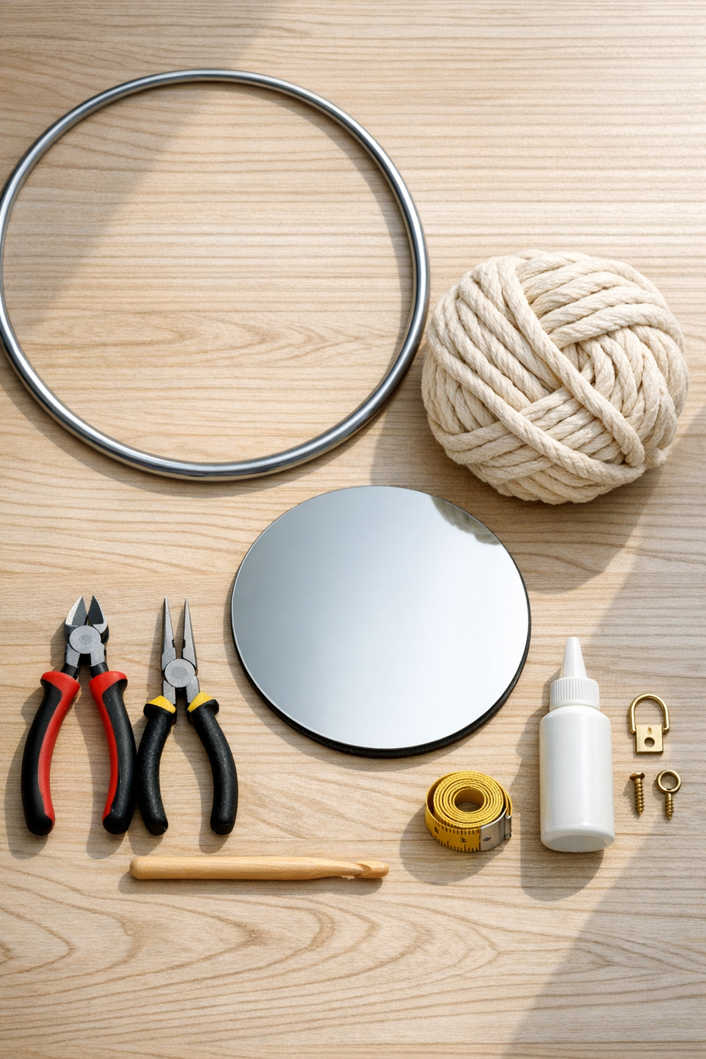 Materials for a crocheted hula hoop mirror frame laid out neatly