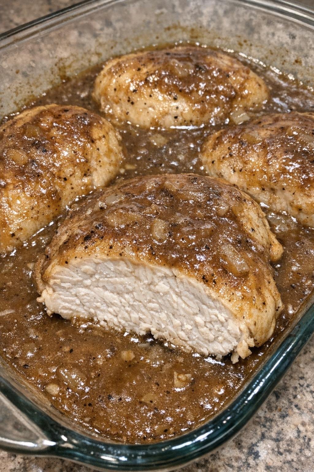 Tender golden chicken breasts in brown gravy in a glass baking dish