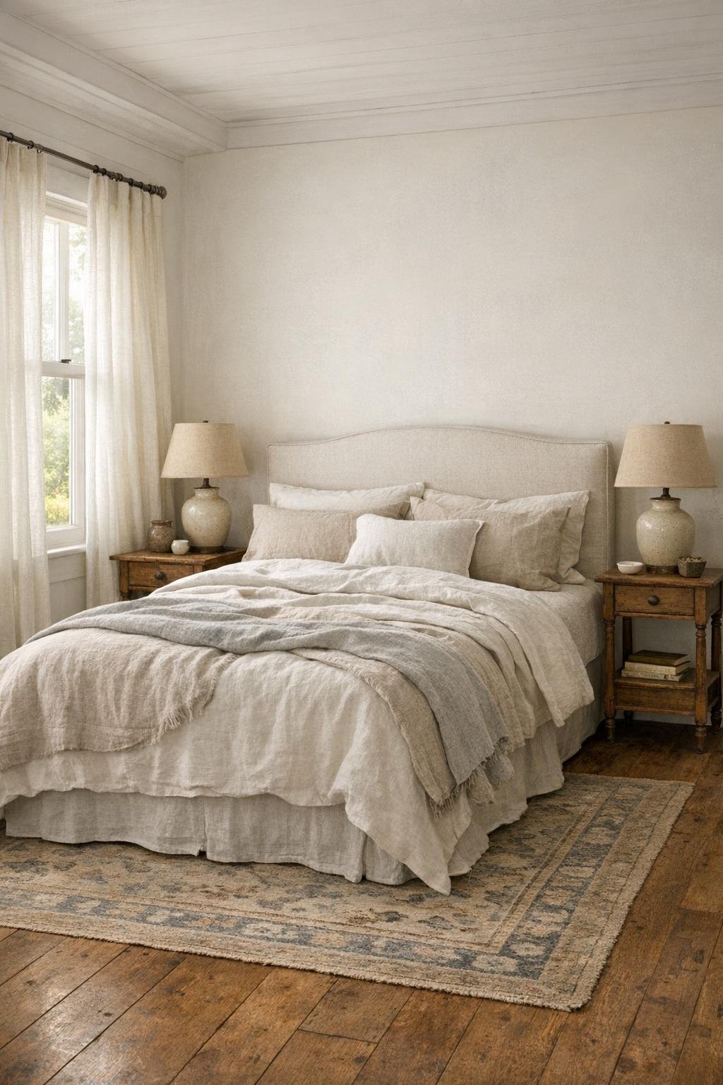 Serene farmhouse bedroom with linen bedding, wood floors, soft neutral colors, and gentle natural light