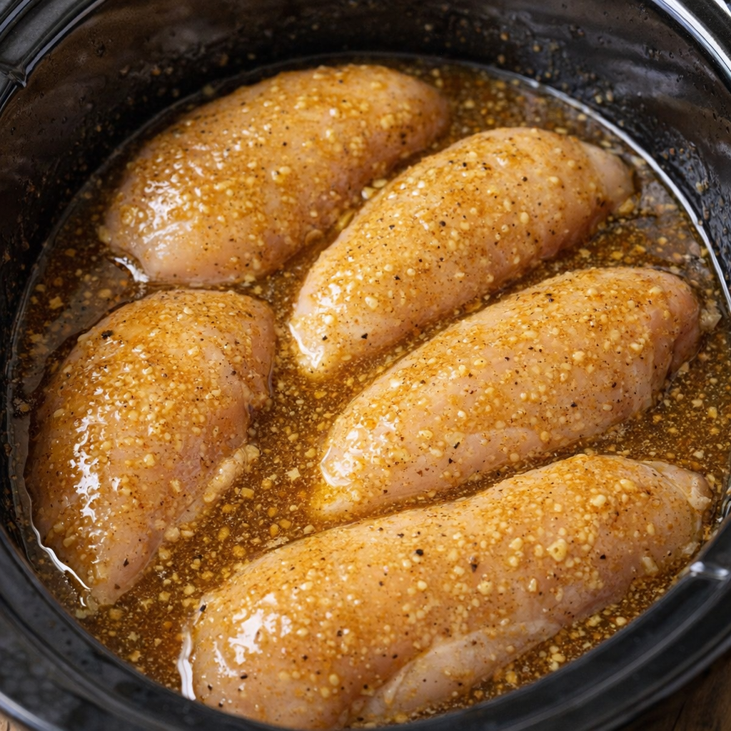 Chicken in slow cooker covered with maple Dijon sauce