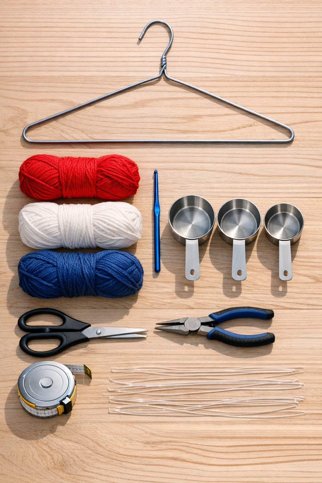 Materials for a crochet patriotic wind chime laid out on a table