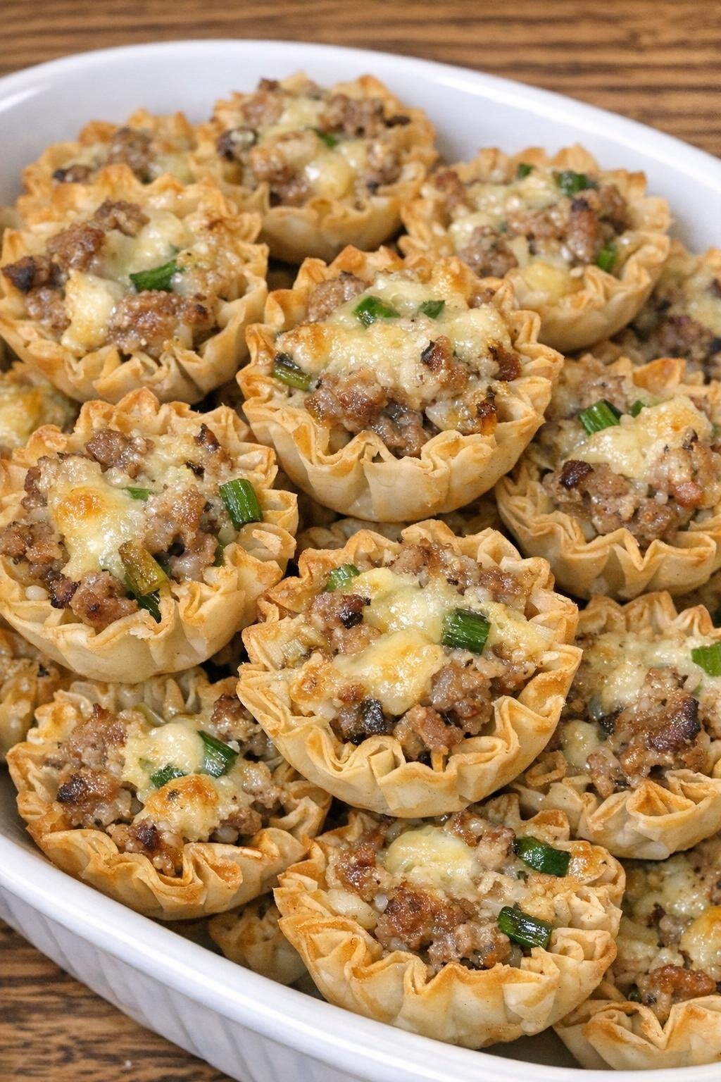 Crunchy phyllo cups with savory filling in a serving dish