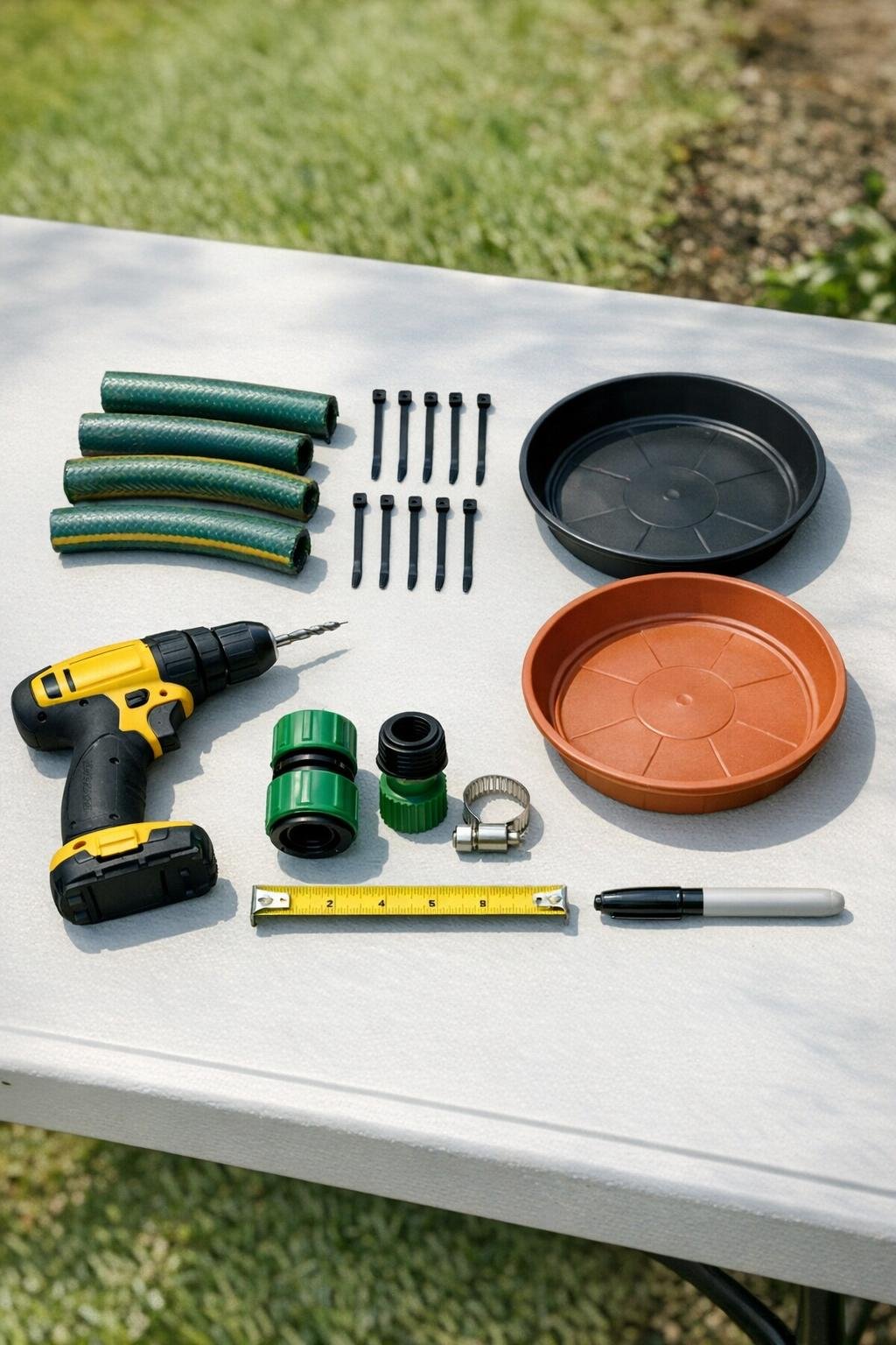 Materials for a DIY drip irrigation ring laid out on a table